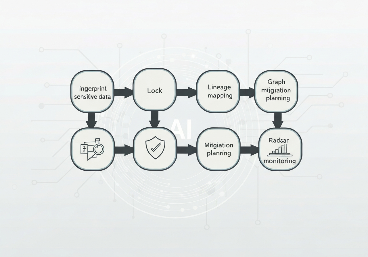 data privacy risk management - INLINE IMAGE 1 — Artistic infographic-style illustration: an elegant flow diagram with five labeled stages rendered as abstract icons (fingerprint for sensitive data, lock for classification, graph for lineage mapping, shield for mitigation planning, radar for continuous monitoring). Use clean vector-meets-3D shading, consistent line weight, and soft gradients. Include a subtle “AI” motif as a neural-network halo around the pathway, suggesting automation across the lifecycle. Background: light neutral with faint circuitry texture. No readable text. Aspect ratio 4:3.