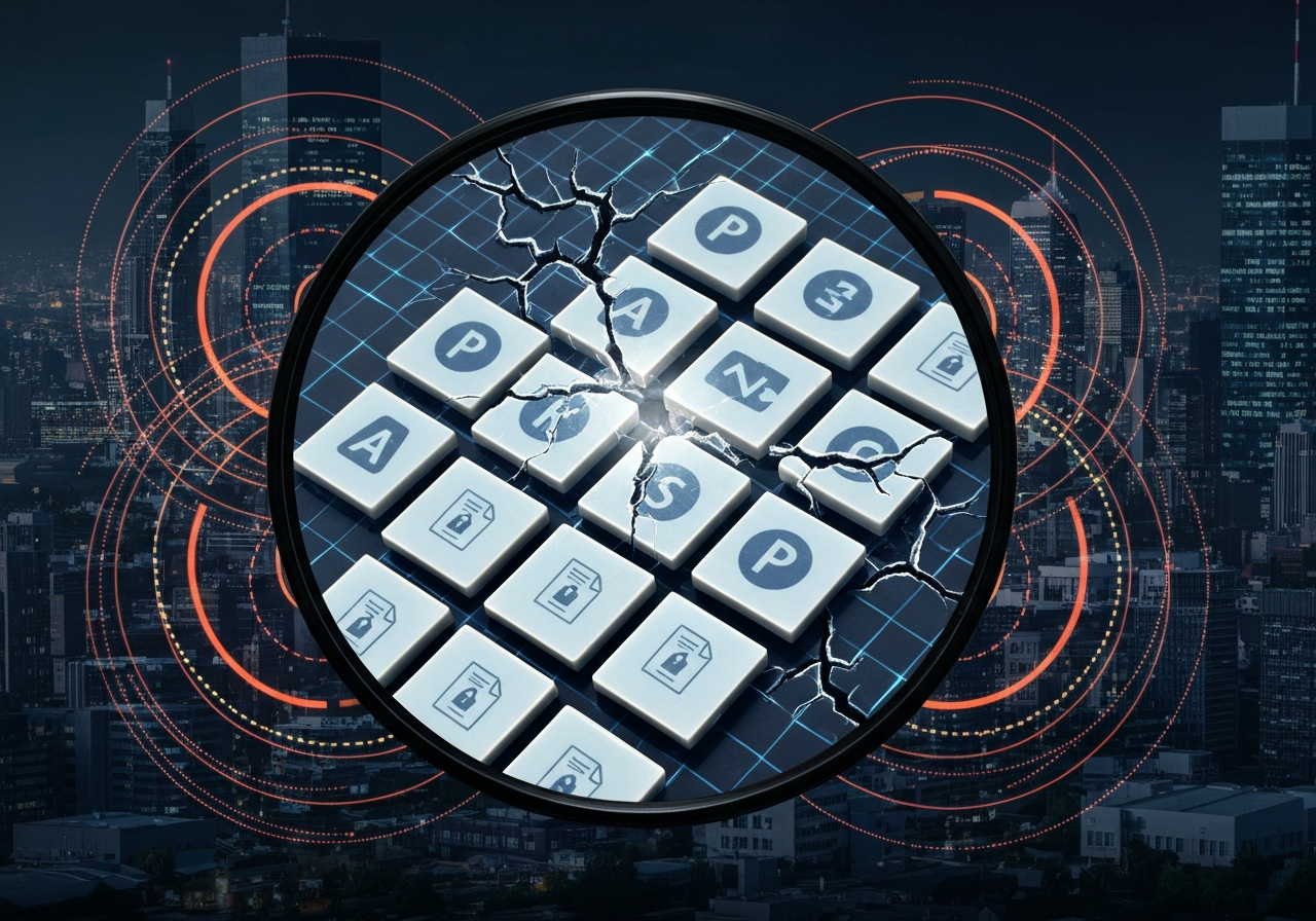 data privacy risk management - INLINE IMAGE 2 — Dark mode visual metaphor of “policy & regulatory gaps” detection: a cityscape of data centers viewed through a magnifying glass, where mismatched policy symbols appear as cracks or misaligned tiles in a holographic compliance grid (GDPR/CCPA implied by generic legal-document icons, not text). AI anomaly detection visualized as circular scanning waves, highlighting risky data flows between systems with red/orange arcs and dotted connection lines. Style: dramatic lighting, semi-abstract realism, sharp focus on highlighted gaps, clean composition for inline use. No readable text, no logos. Aspect ratio 1:1.