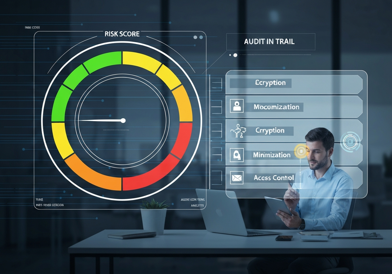 data privacy risk management - INLINE IMAGE 3 — Conceptual yet realistic scene of operationalizing AI-driven risk scoring: a dashboard-like hologram showing a risk score dial with thresholds (green/yellow/red zones) and an “audit trail” consisting of glowing timestamped segments (represented visually without numbers). In the foreground, a human analyst in a modern office reviews a highlighted anomaly on a tablet while a transparent control panel shows mitigation recommendations (encryption, minimization, access control) as small icon blocks. Emphasize transparency and oversight with layered glass effects and fine motion blur of scanning lines. Style: contemporary tech editorial, vibrant but controlled palette, photoreal + 3D overlay. No readable text, no logos. Aspect ratio 16:10.
